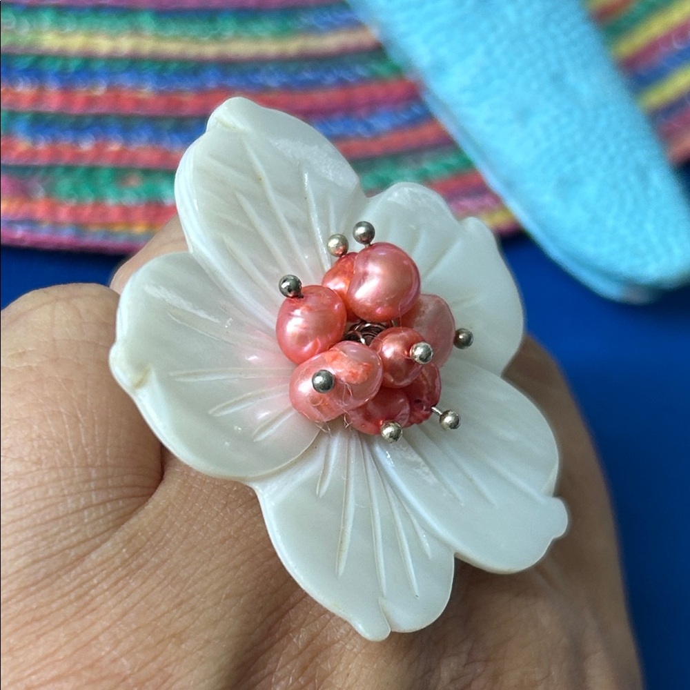 Handcrafted White Flower Mop Statement Ring With … - image 4